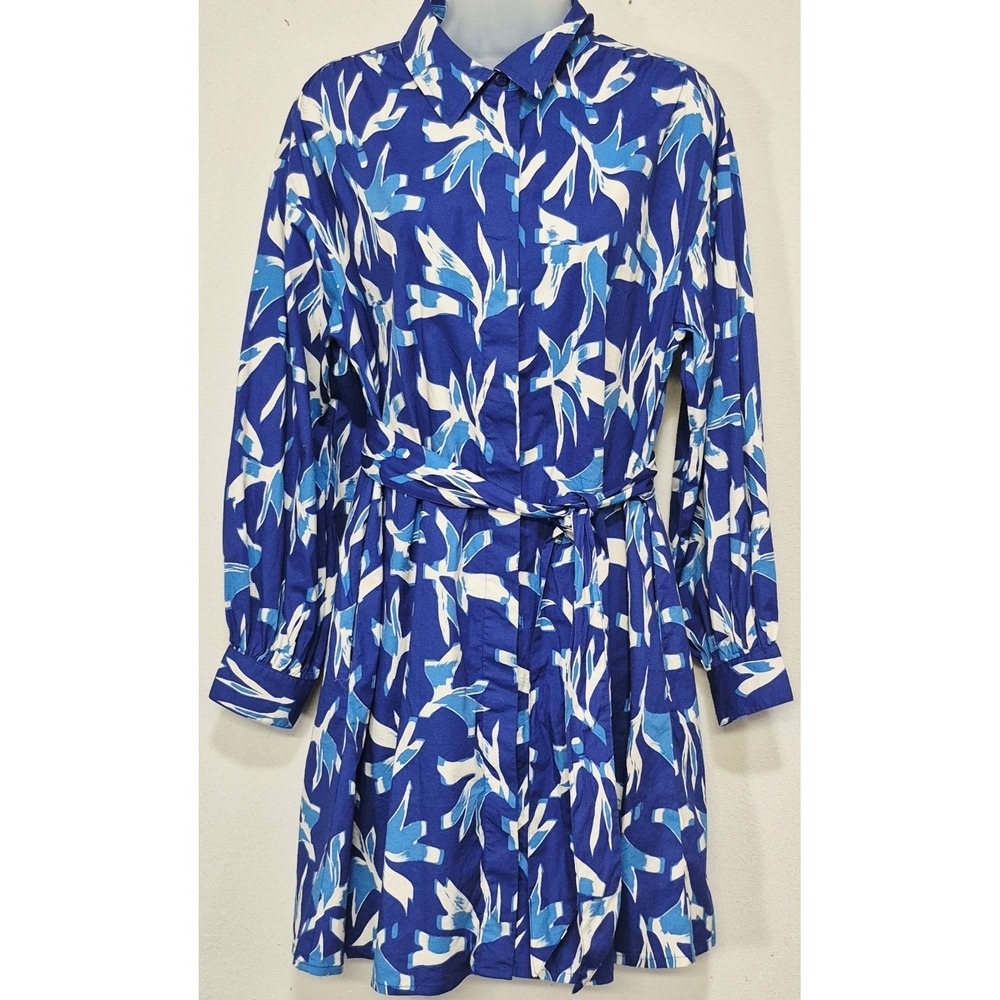 Scoop women's balloon sleeves poplin shirtdress‎ belt pockets blue floral Medium